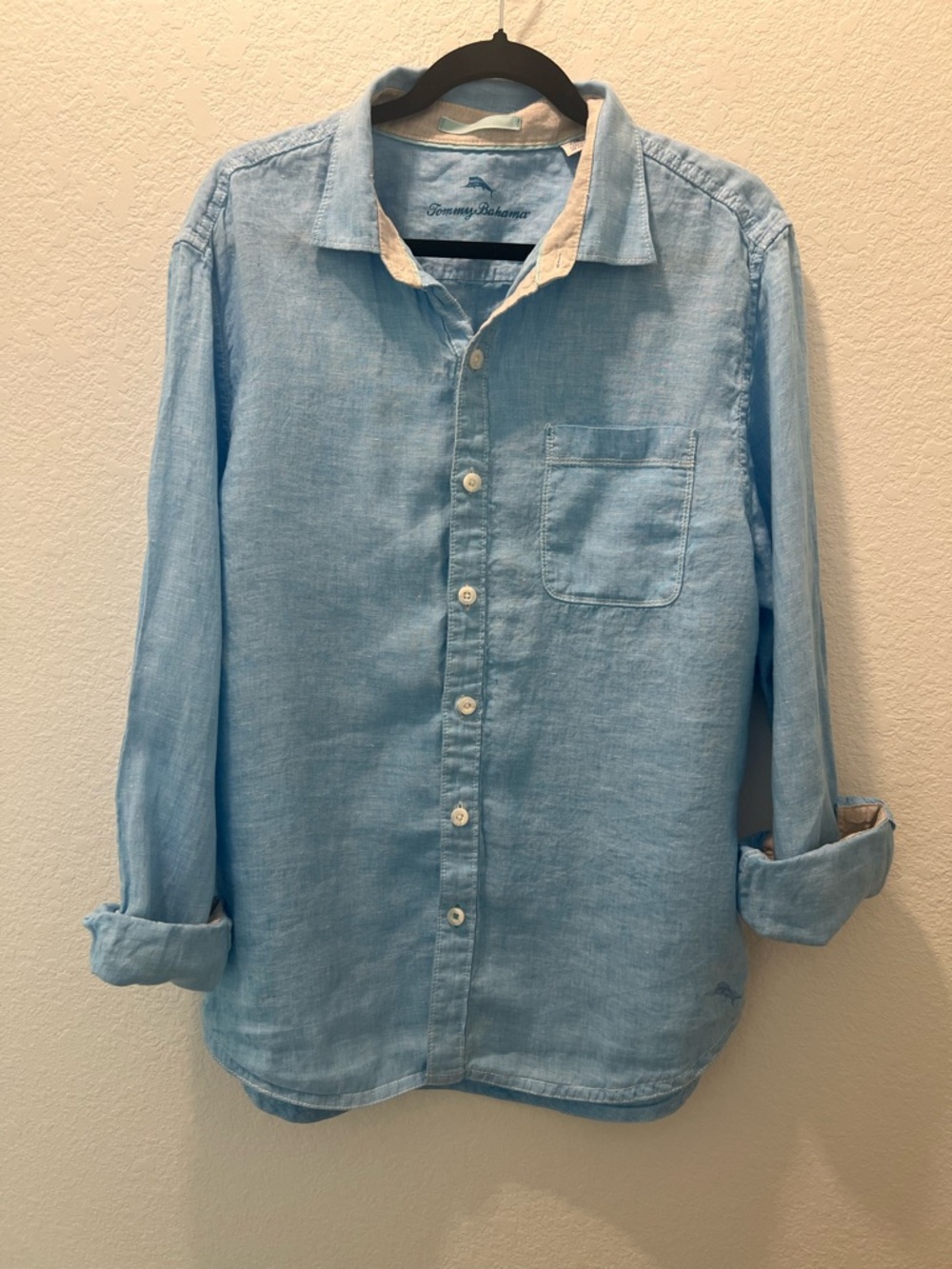 Tommy Bahama 100% Linen Blue Button Front Shirt Large Coastal Beach